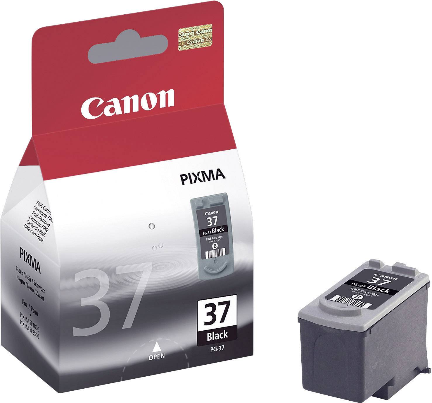 Canon PIXMA PG-37 printer cartridge in black, pictured alongside its packaging with the text 'Canon PIXMA 37 Black'.