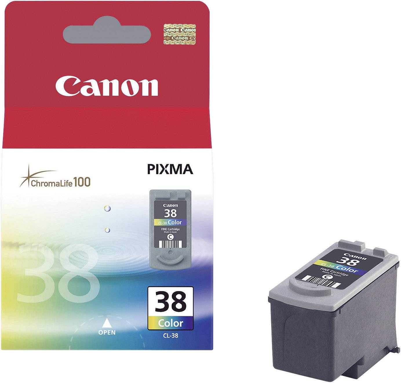 Canon PIXMA Colour Ink Cartridge CL-38 in Packaging. 38 Colour, suitable for ChromaLife 100 Printers. Packaging on the left, cartridge on the right.