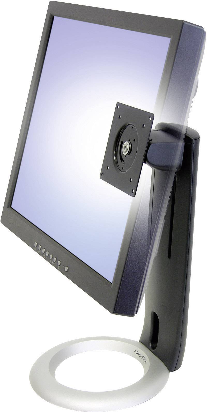 A flat-screen PC monitor with an adjustable stand, viewed from the side. The screen is blank and displays a light blue tone.