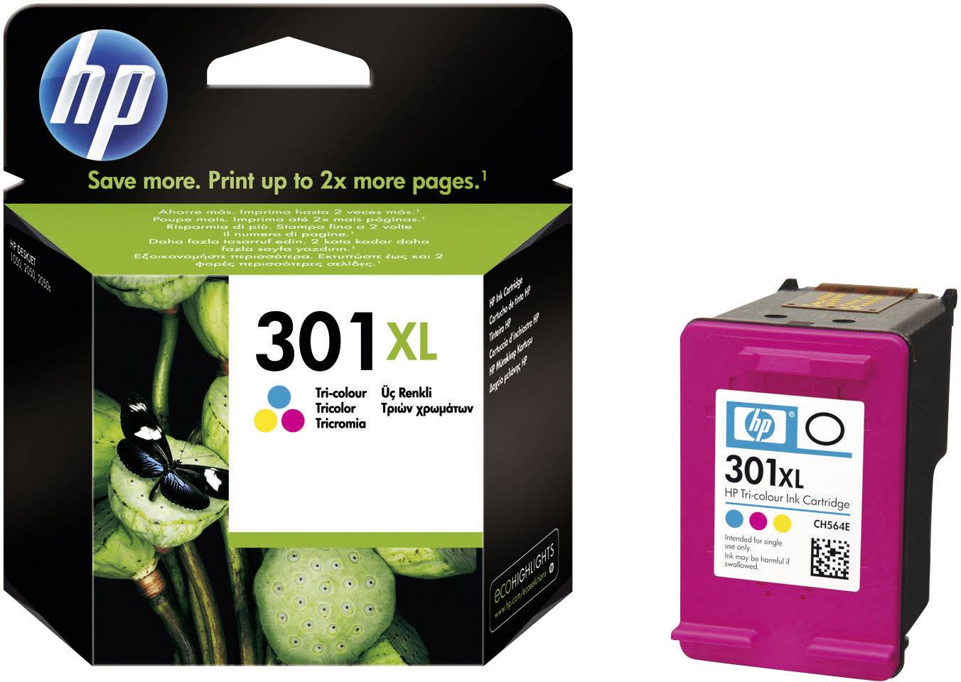'HP 301XL ink cartridge, Tri-colour, in packaging. Packaging displays a floral image and slogan: 