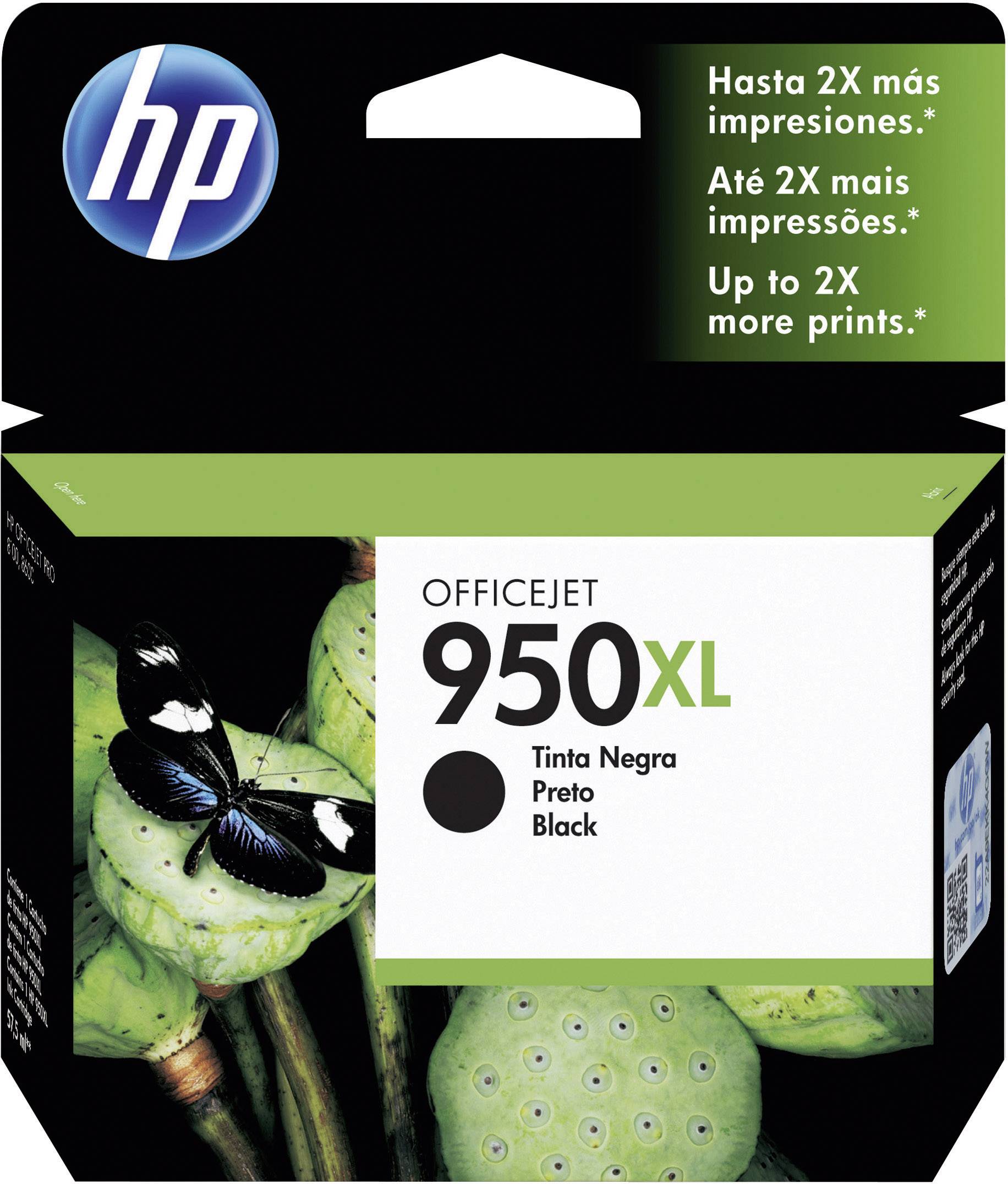 'HP OfficeJet 950XL' printer cartridge, black ink. Packaging featuring an image of a butterfly motif on green leaves.
