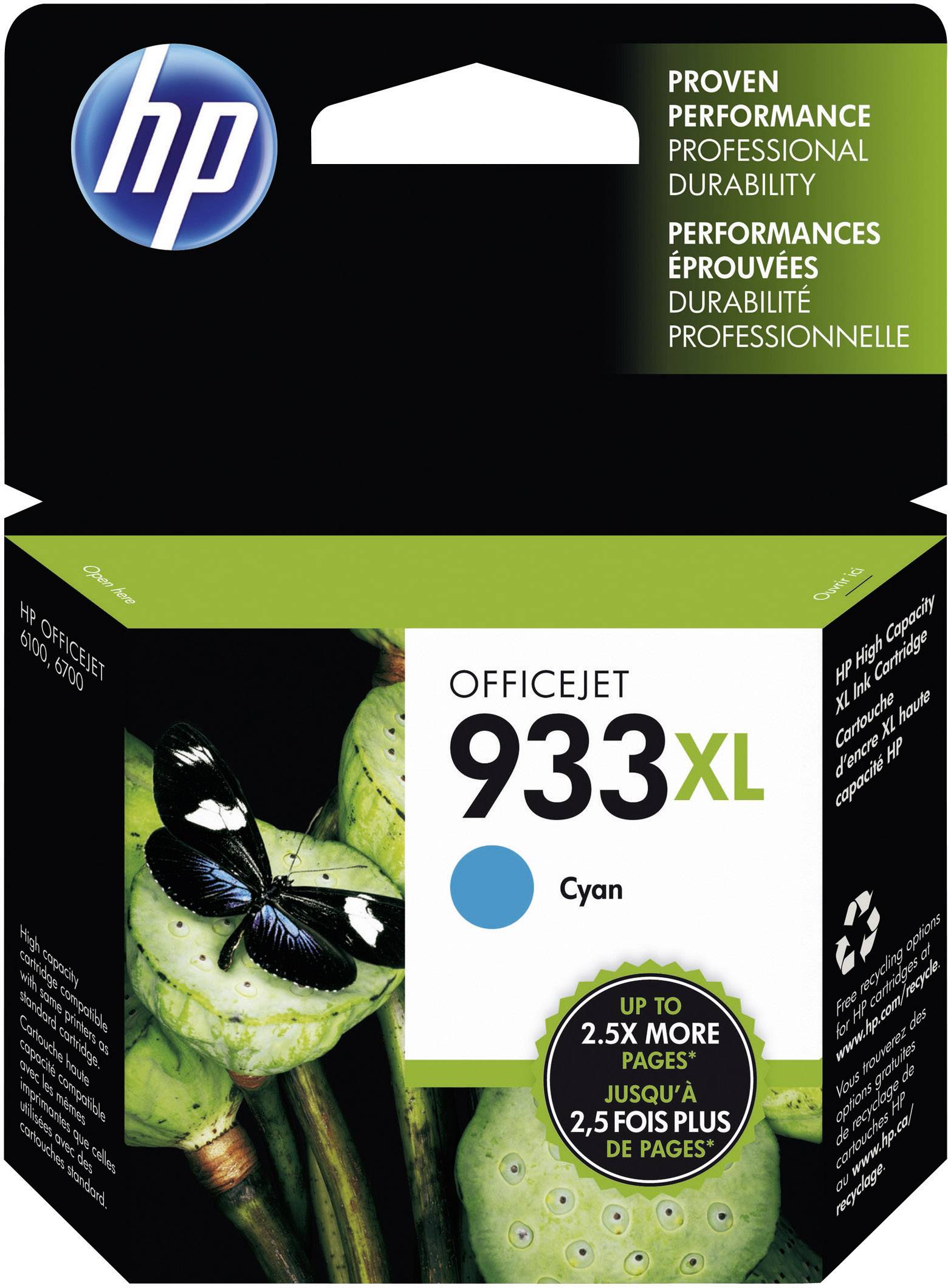 HP 933XL Printer Cartridge in Cyan, packaged. 'Up to 2.5x more pages' is advertised. Contains an image of a butterfly on plants.