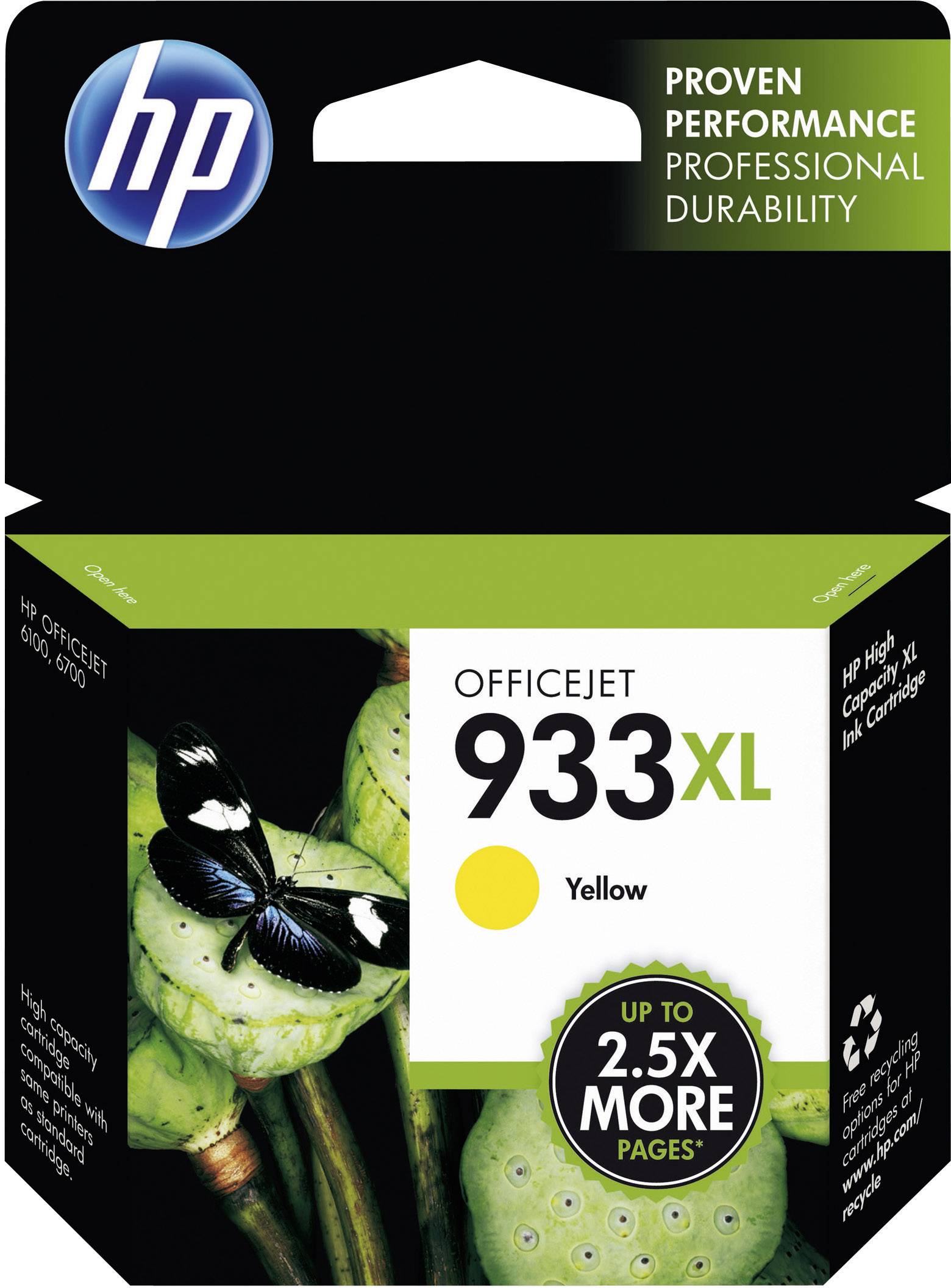 HP 933XL Yellow Ink Cartridge for Officejet Printers. Packaging indicates 'Up to 2.5x more pages'. Image of green leaves with black butterfly.