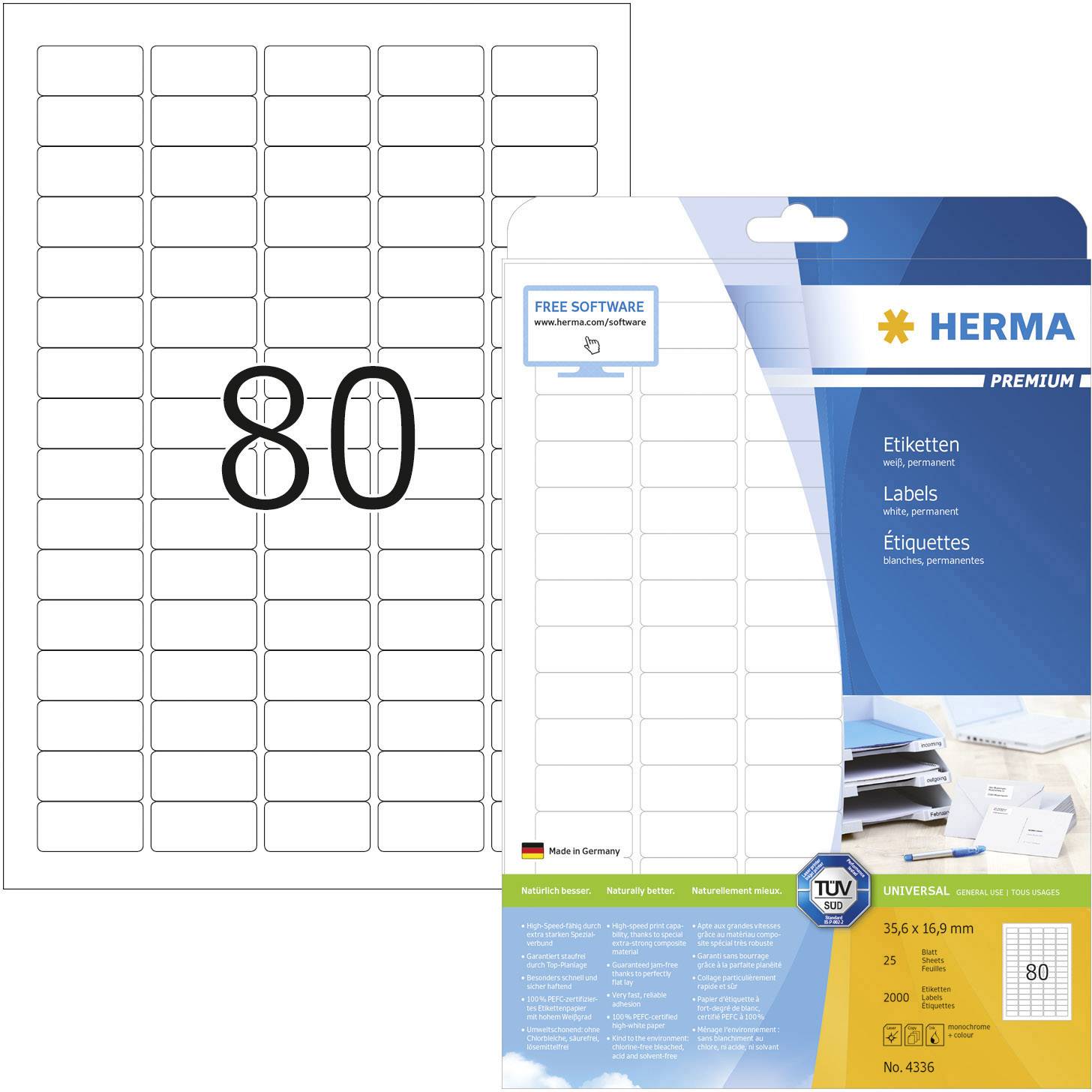 Label packaging by Herma with 80 labels per sheet, label size 35.6 x 16.9 mm, suitable for printers, manufactured in Germany.