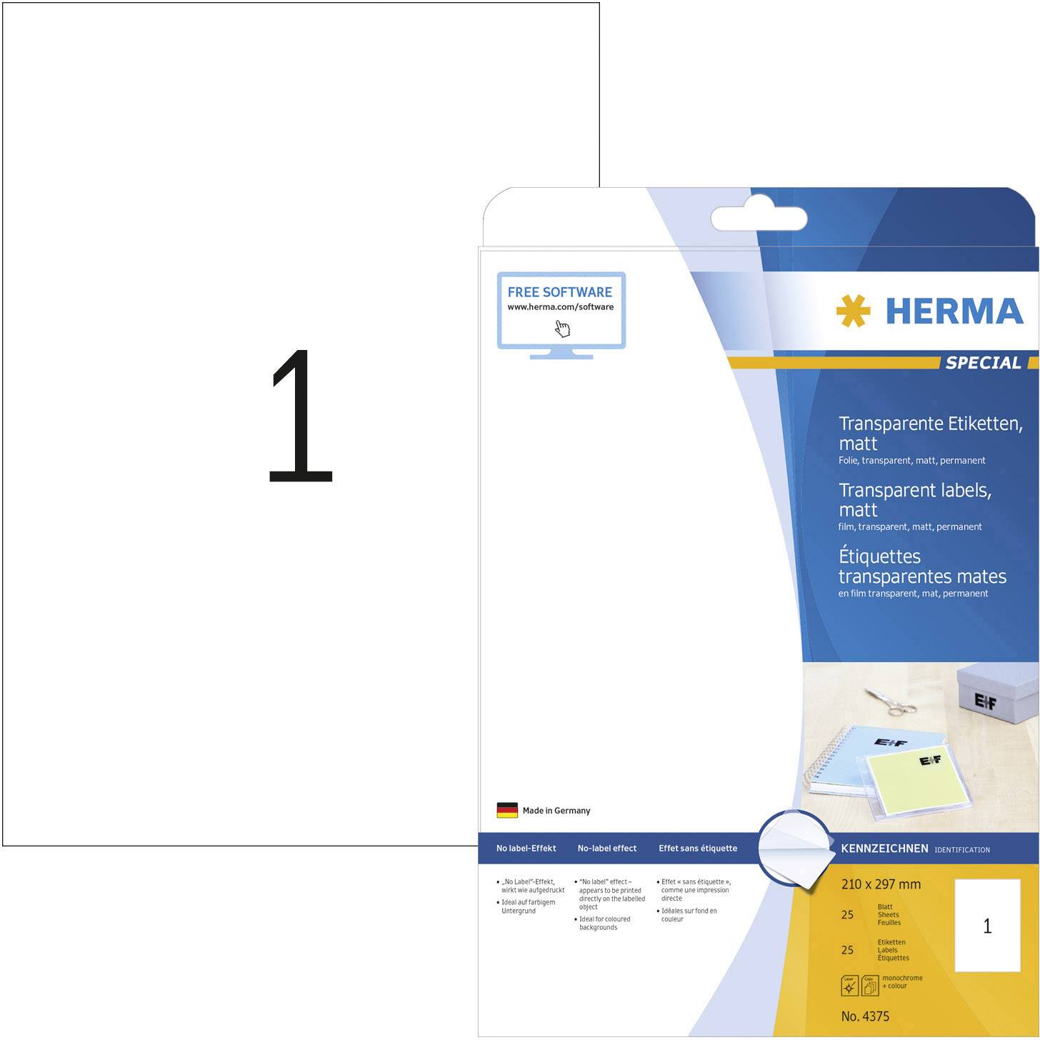 Herma 4375 Label film 210 x 297 mm Polyester film Transparent 25 pc(s) Permanent adhesive Laser, colour, Laser printer, Colour