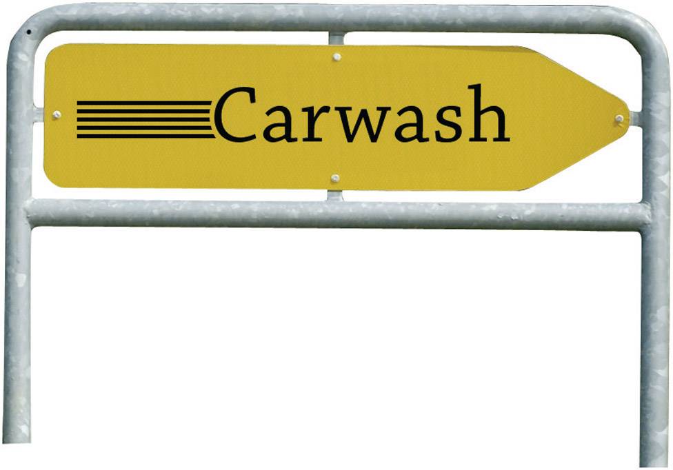 Yellow sign with black text 'Car Wash' and an arrow pointing to the right, indicating a car washing facility.