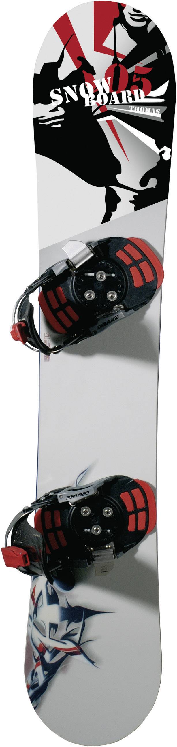 A snowboard with a graphic design in red and black, fitted with bindings, displayed on a white surface.