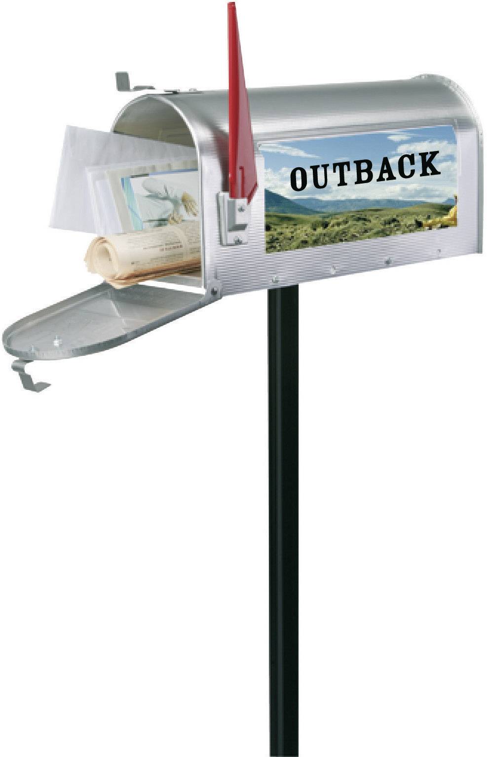 Open postbox with postcards and roll, sticker with 'OUTBACK' and landscape picture, mounted on a black stand.