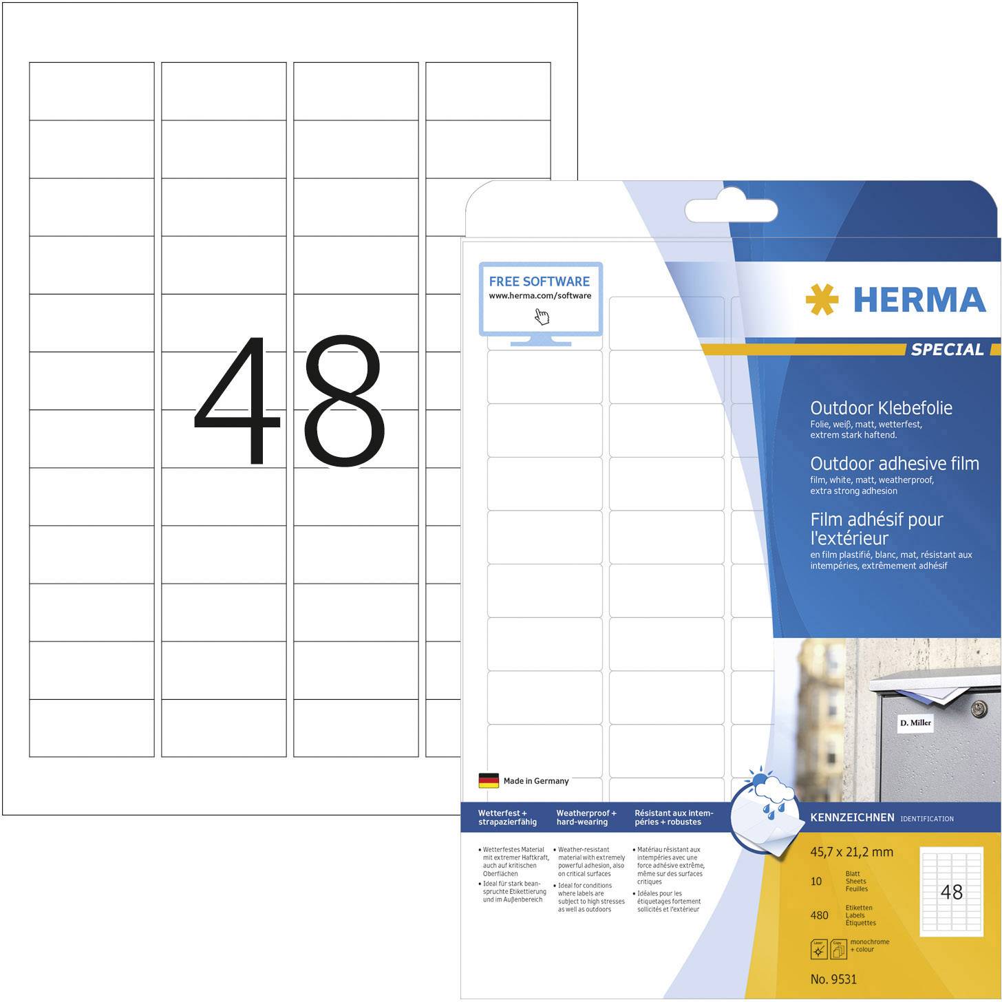 Herma 9531 Label film 45.7 x 21.2 mm PE film White 480 pc(s) Permanent adhesive Laser, colour, Laser printer, Colour copier
