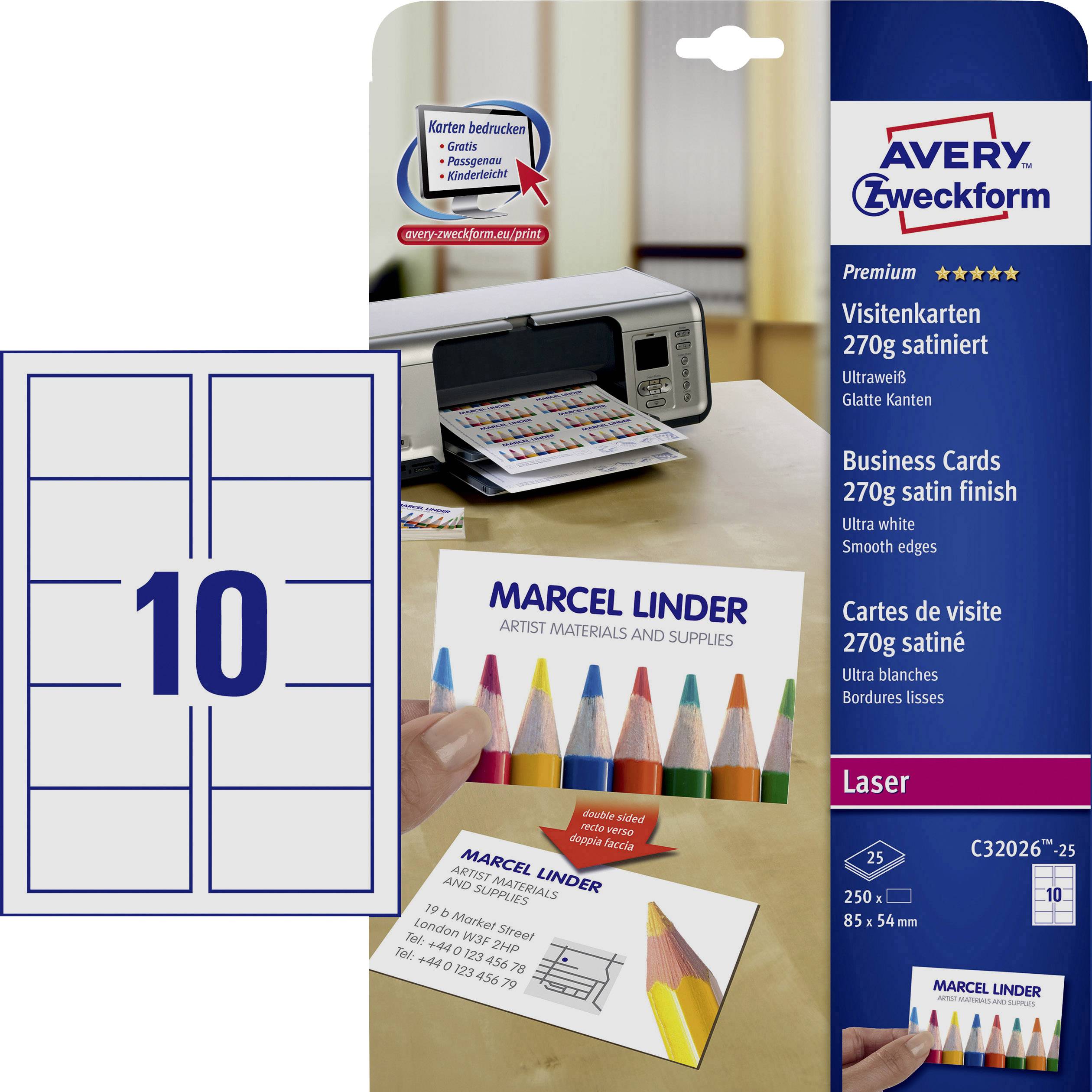 The packaging shows Avery business cards, satin-finish, 270 gsm, suitable for laser printers. In the background, a printer with cards.