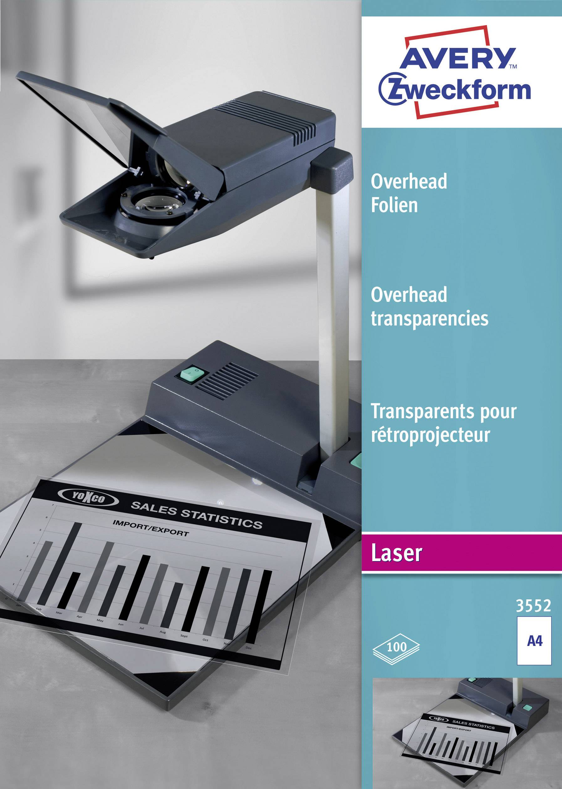 An overhead projector is displaying a transparency sheet with a bar graph. The packaging shows the text 'Overhead Transparencies'.
