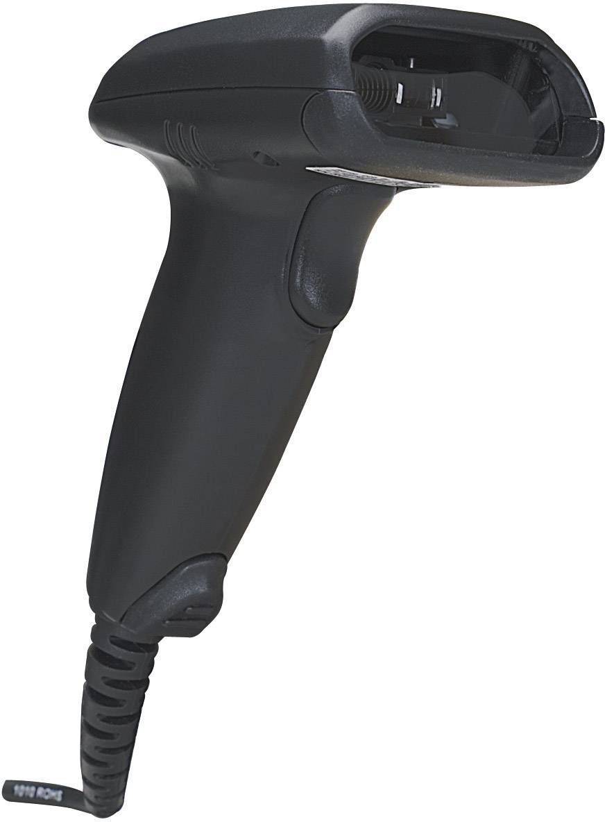 Black handheld scanner, viewed from the side, with coiled cable.