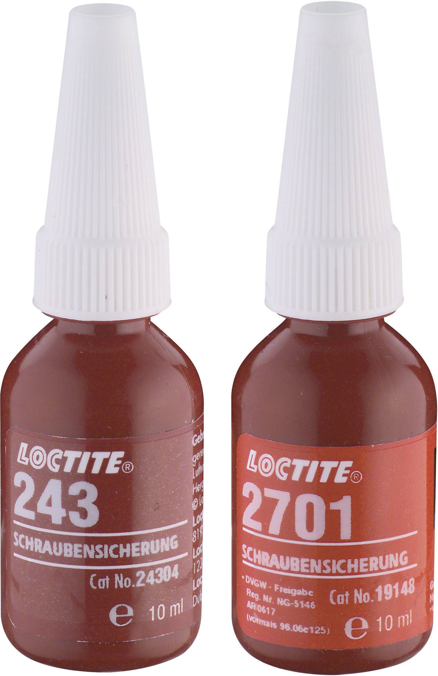 Two red bottles of Loctite thread lock: left 243, right 2701. Both contain 10 ml of liquid.