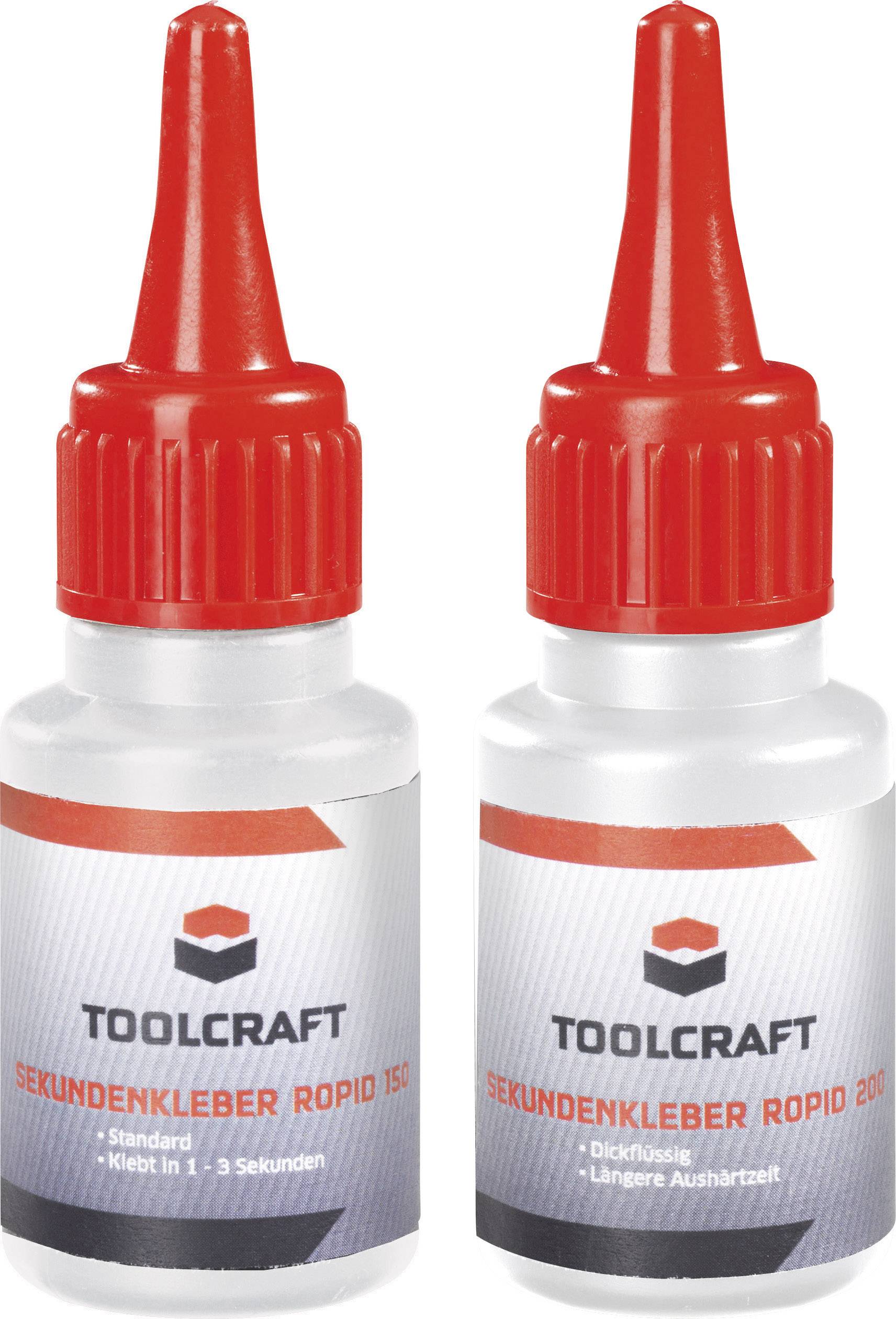 Two bottles with red caps, labelled 'Toolcraft Rapid Superglue'. Adhesive type: Standard and viscous.