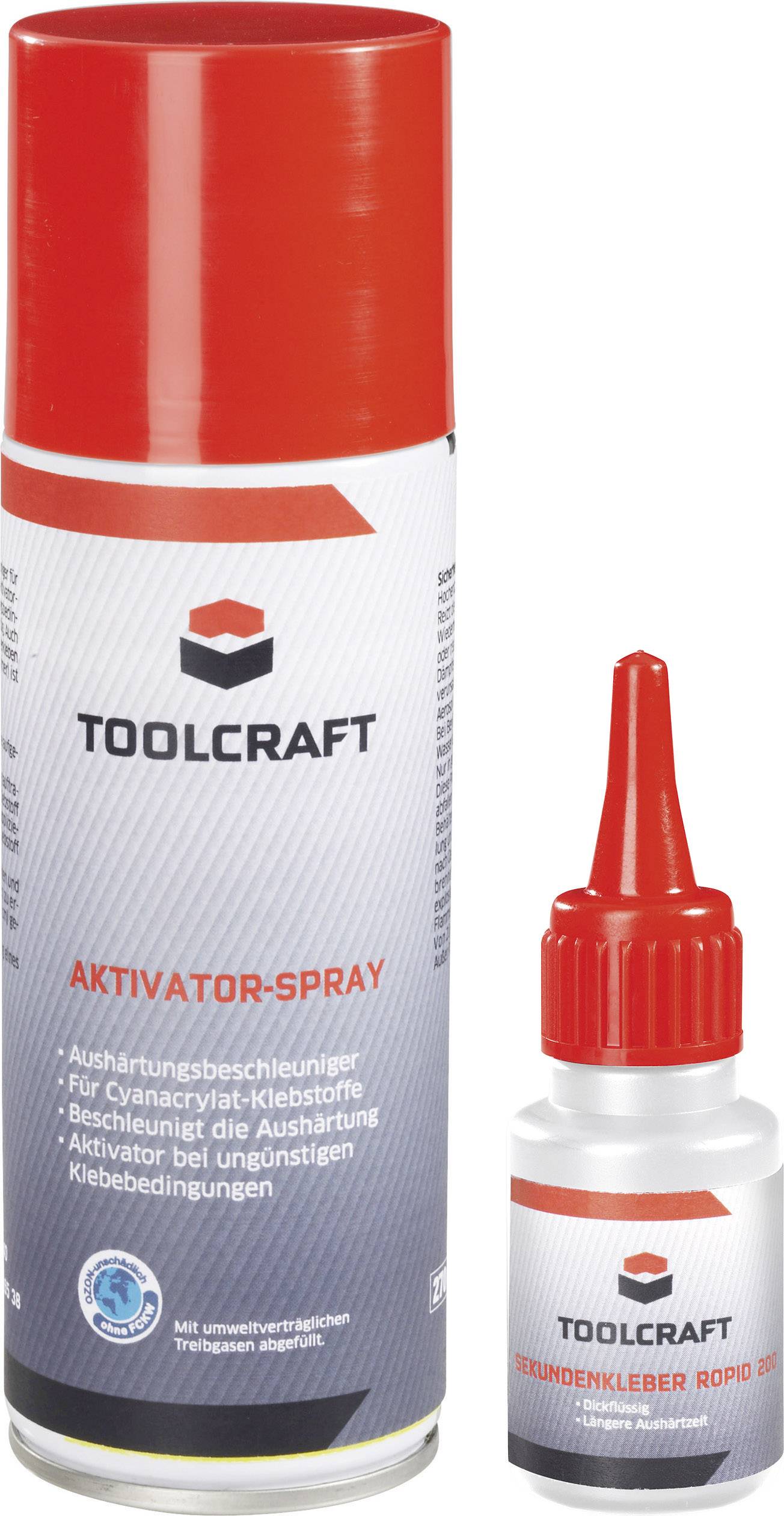 Tin with TOOLCRAFT activator spray and small bottle of cyanoacrylate adhesive. Spray accelerates curing for cyanoacrylate adhesives.