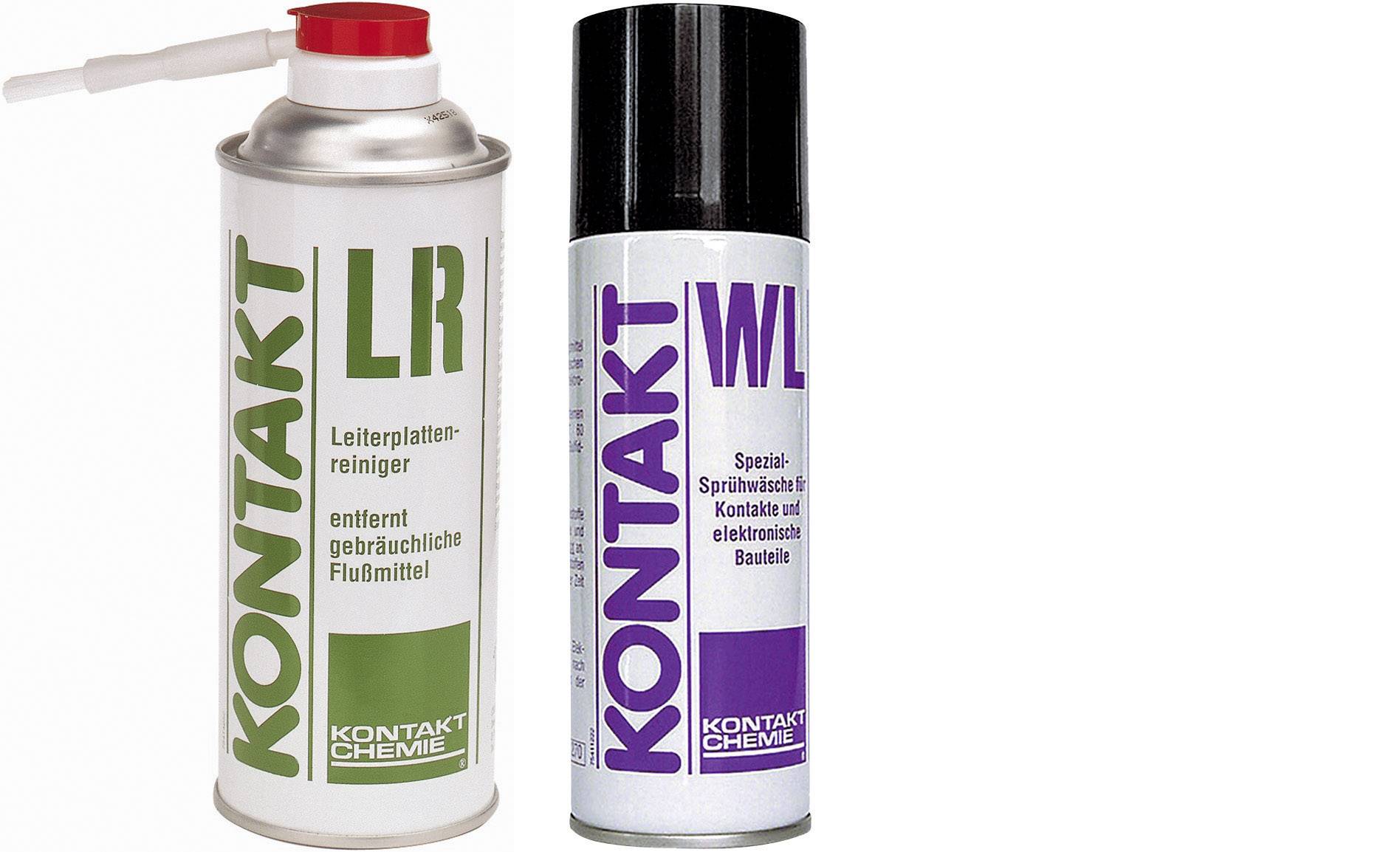 Two spray cans depicted: The left can is 'Kontakt LR', a printed circuit board cleaner. The right can is 'Kontakt WL', a spray agent for electrical contacts.