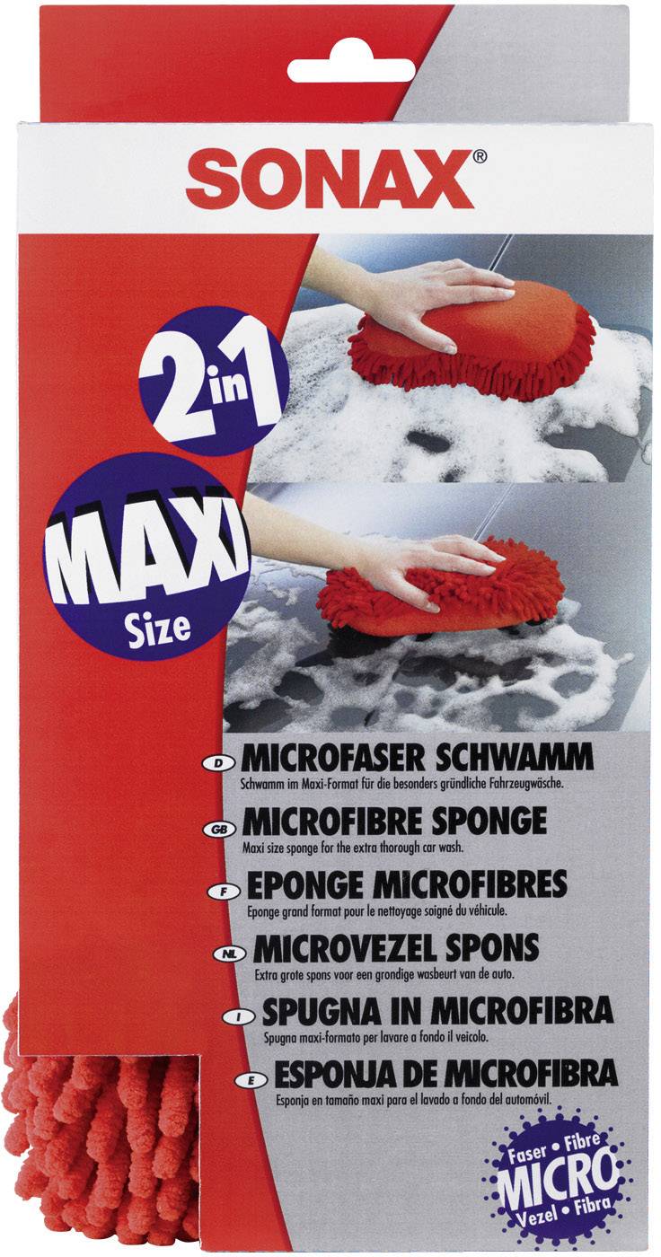 Packaging for a Sonax microfibre sponge in maxi size. Displays a hand holding the sponge on a sudsy surface. Text in multiple languages.