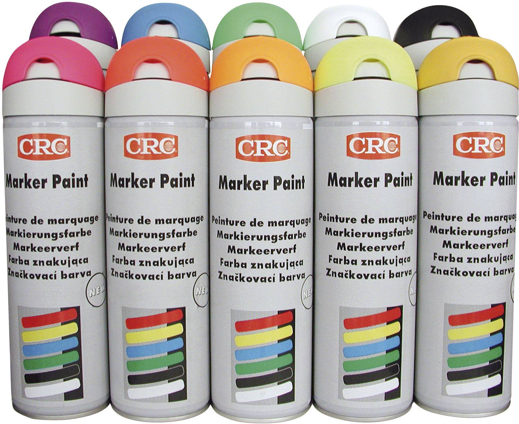 Eight spray cans of 'CRC Marker Paint' are arranged in a row, representing the colours: Red, Blue, Green, Yellow, Orange, White, Black and Pink.