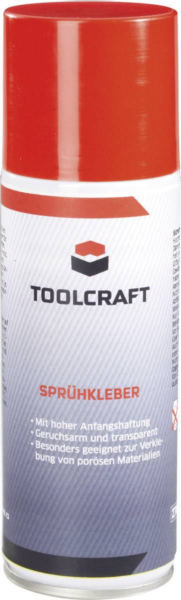 A can of Toolcraft spray adhesive with a red lid. On the can it says: 'With high initial adhesion', 'Low odour and transparent', 'Particularly suitable for bonding porous materials'.