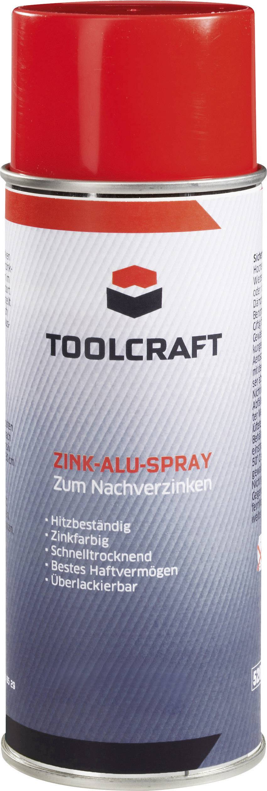 Zinc-Aluminium Spray Can by TOOLCRAFT with Red Lid; for Re-Galvanising; Heat-Resistant, Zinc-Coloured, Quick-Drying, Suitable for Overpainting.