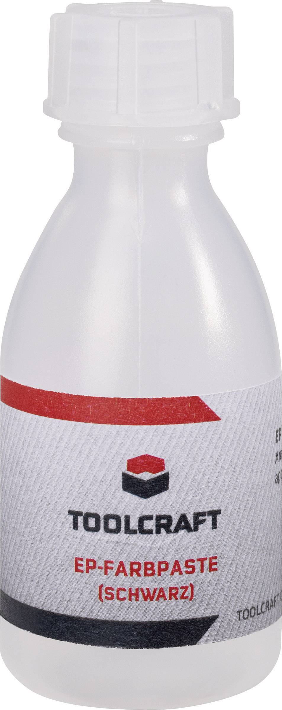 A white bottle with black 'EP colour paste' by 'TOOLCRAFT'. The label displays a logo and red writing on a grey background.