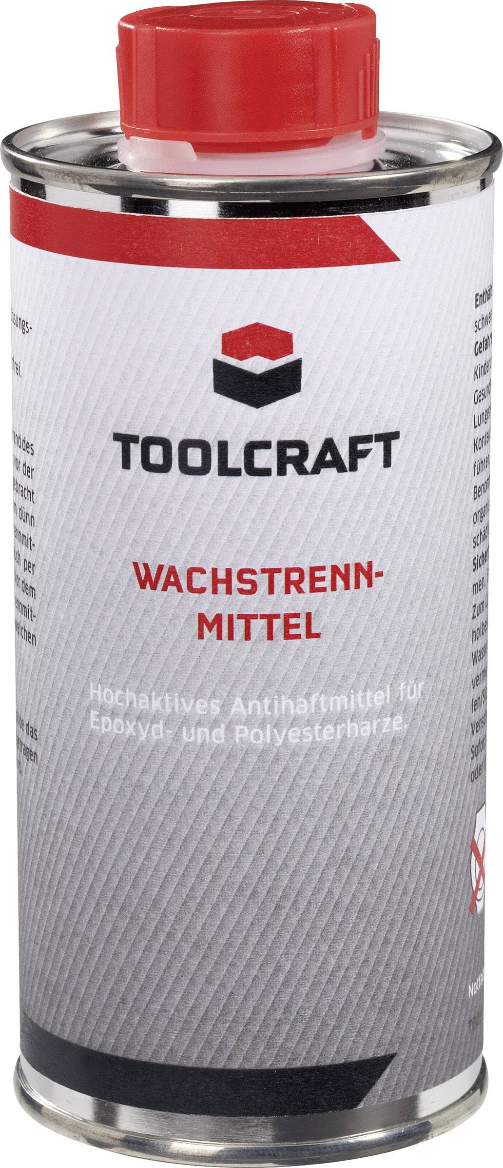 Can of 'TOOLCRAFT Release Wax', an anti-adhesive agent for epoxy and polyester resins, red lid, grey label.