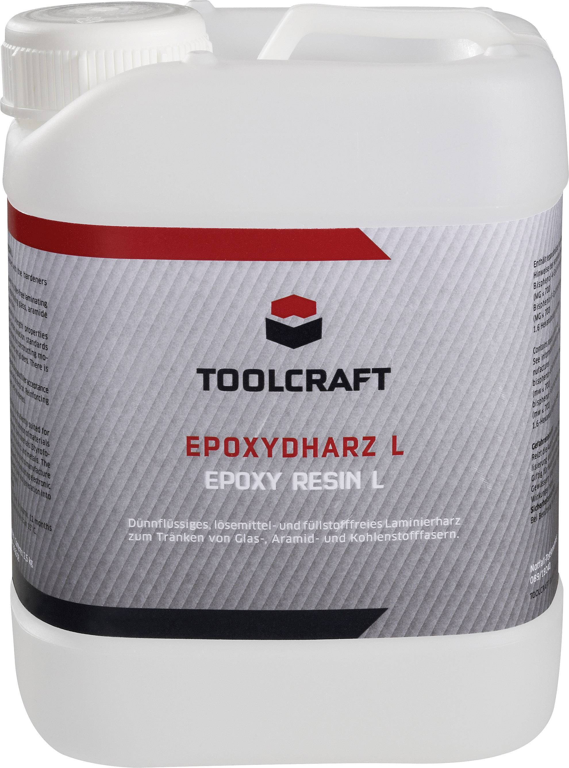 Plastic container labelled 'Toolcraft Epoxy Resin L', suitable for glass, aramid and carbon fibre laminates.