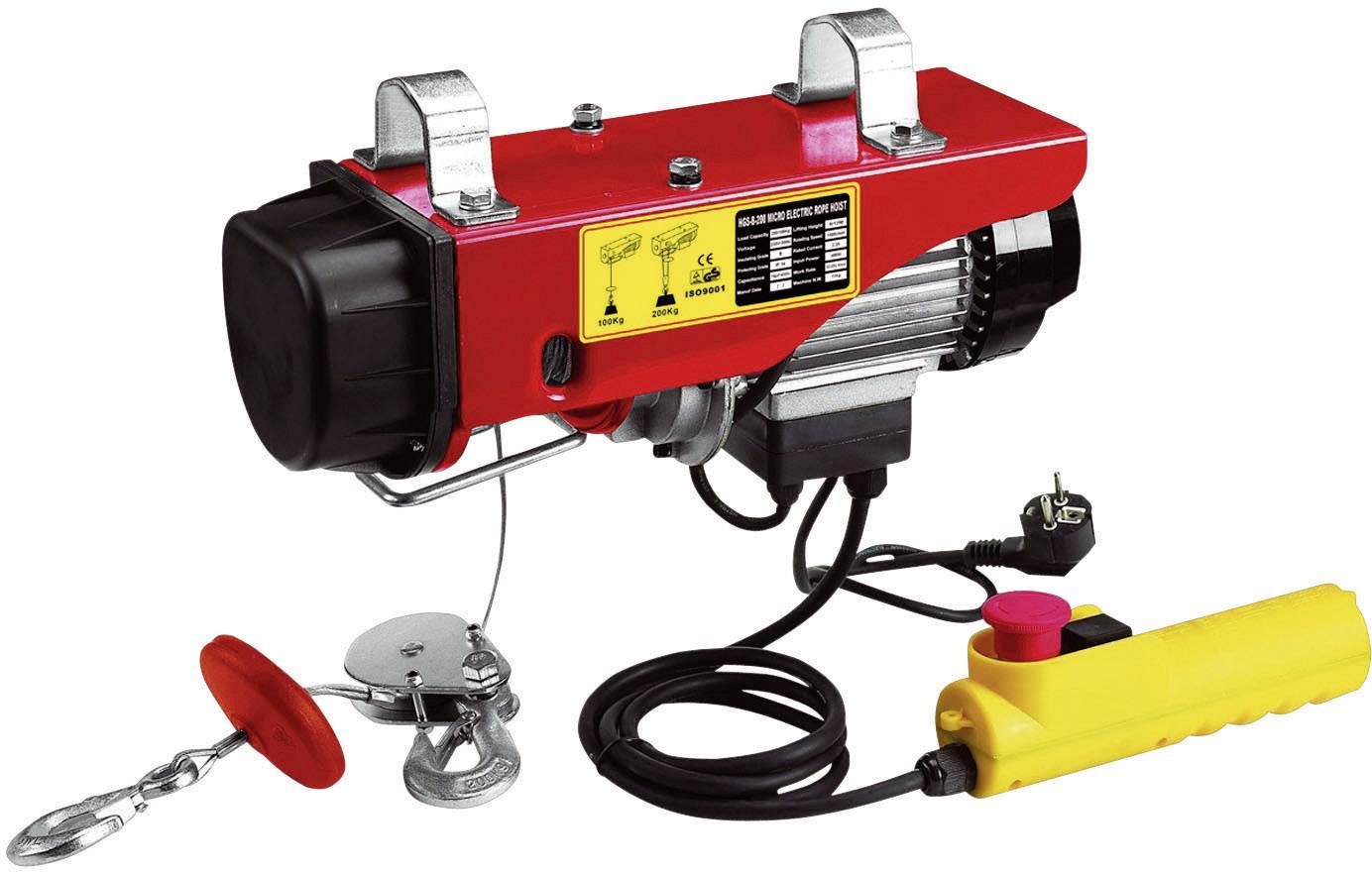 Electric winch in red with yellow remote control and cable, suitable for lifting loads. Fixing mechanism included.