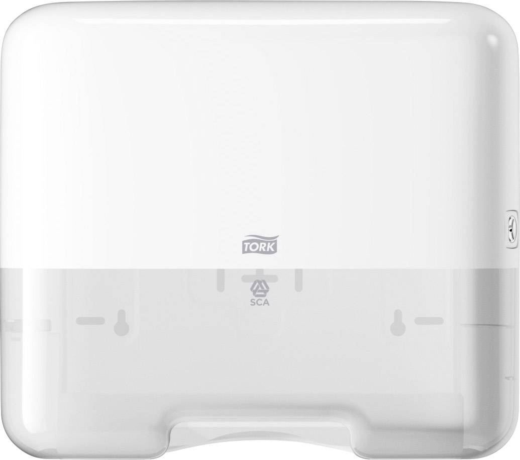 White plastic hand towel dispenser with a clean design, suitable for washrooms. 'Tork' brand name and logo visible in the centre.