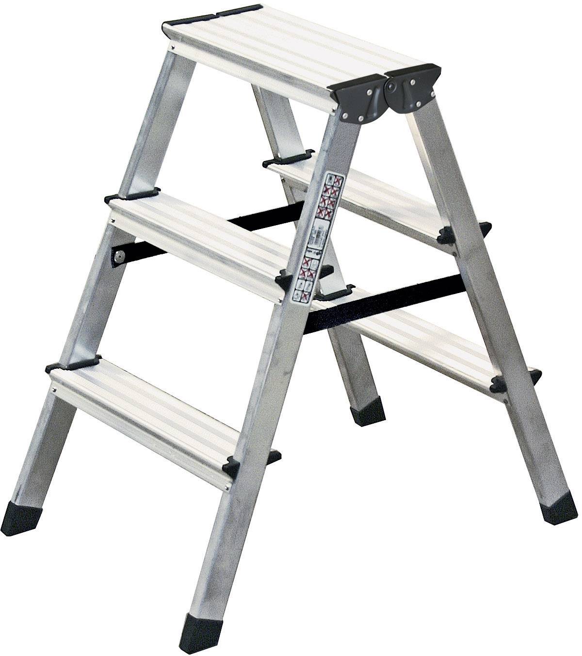 A silver, foldable step ladder with three steps, suitable for indoor and outdoor use. Ideal for working at height.