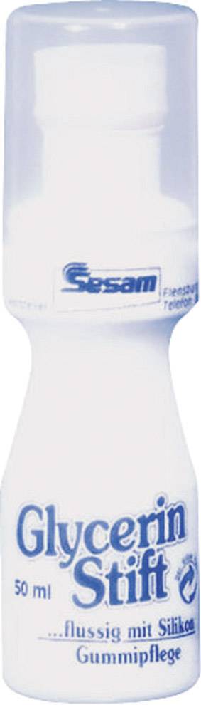 Bottle with 'Glycerin Stick' label, 50 ml, for rubber care, contains silicone; Sesam brand. Primarily for maintenance purposes.