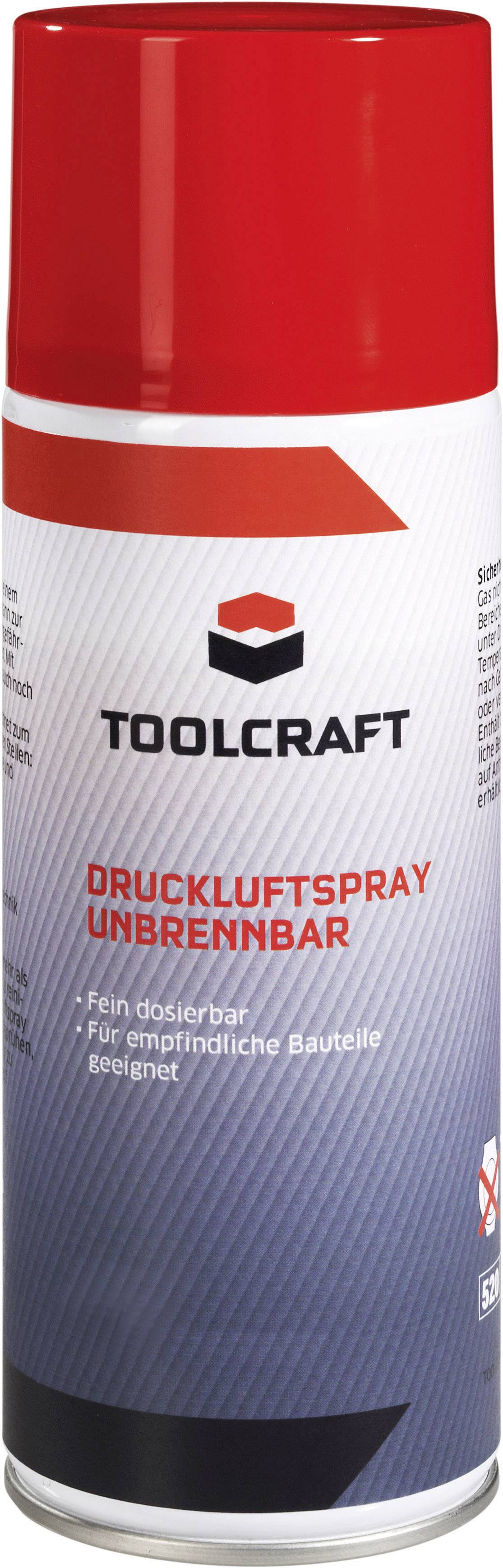 Spray can with the label 'TOOLCRAFT Compressed Air Spray Non-Flammable'. Suitable for delicate components and precisely controllable.