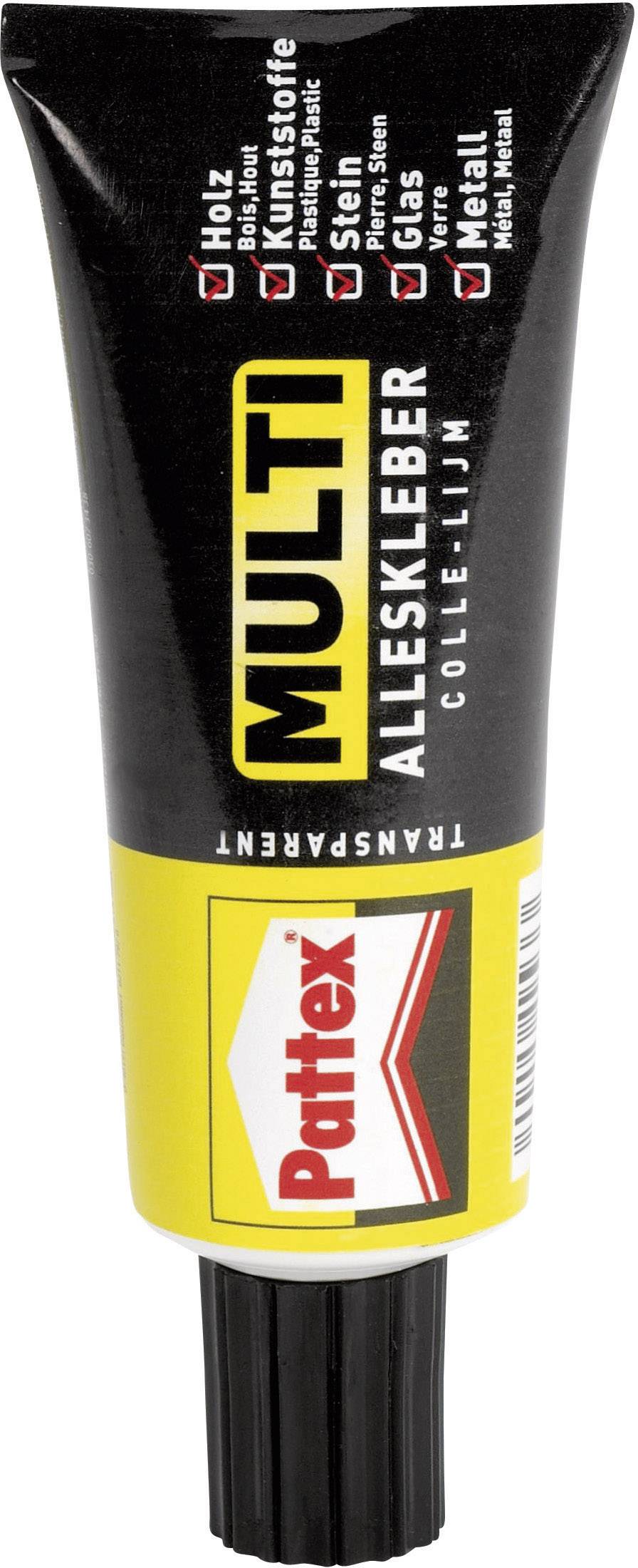 Tube of a multi-functional all-purpose adhesive with a black lid. Label reads: 'MULTI All-Purpose Adhesive'. Suitable for wood, plastic, stone, glass, metal.