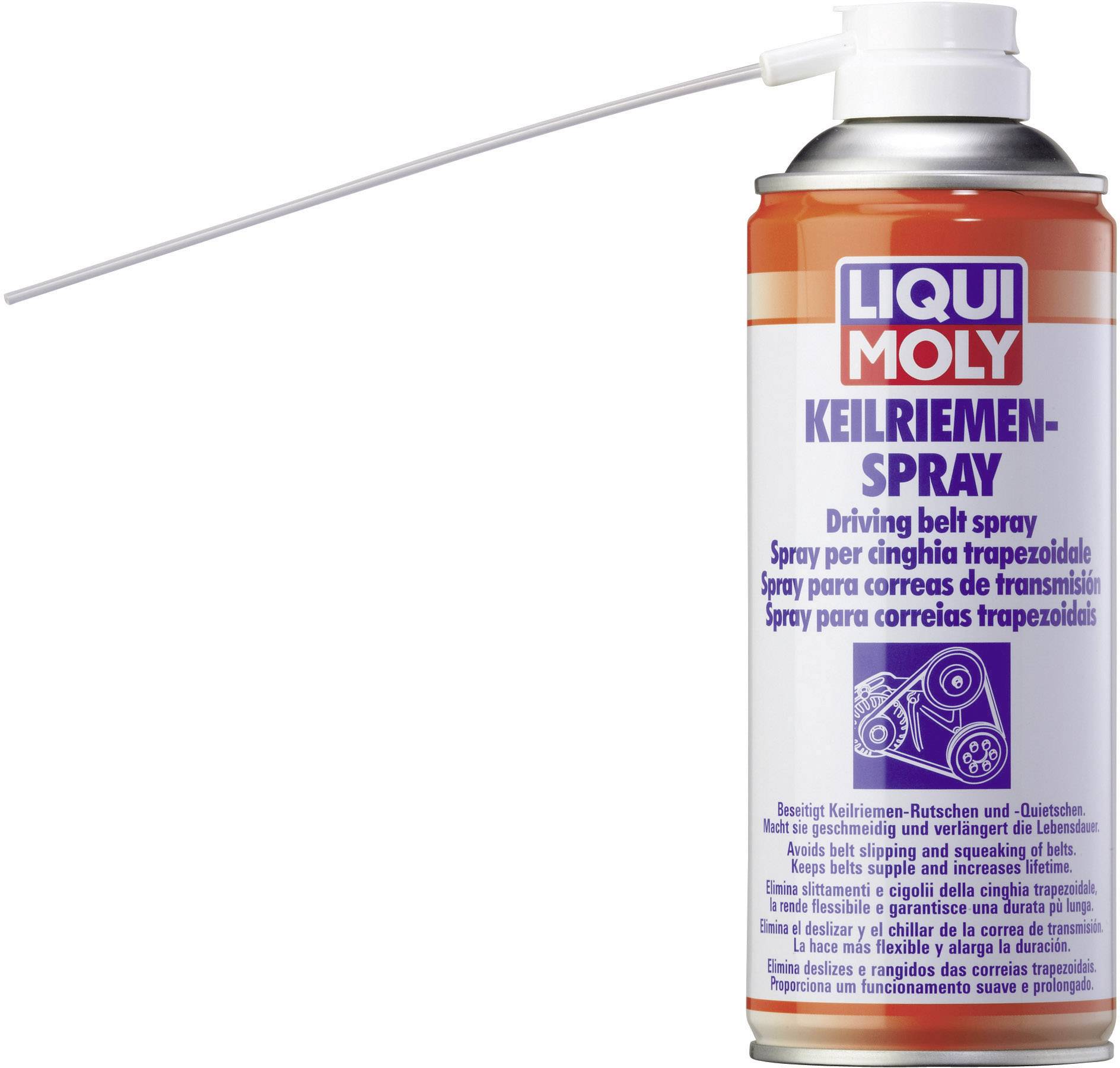 A tin of LIQUI MOLY belt spray with a fine spray nozzle. It is designed for the maintenance and prolongation of the service life of V-belts.