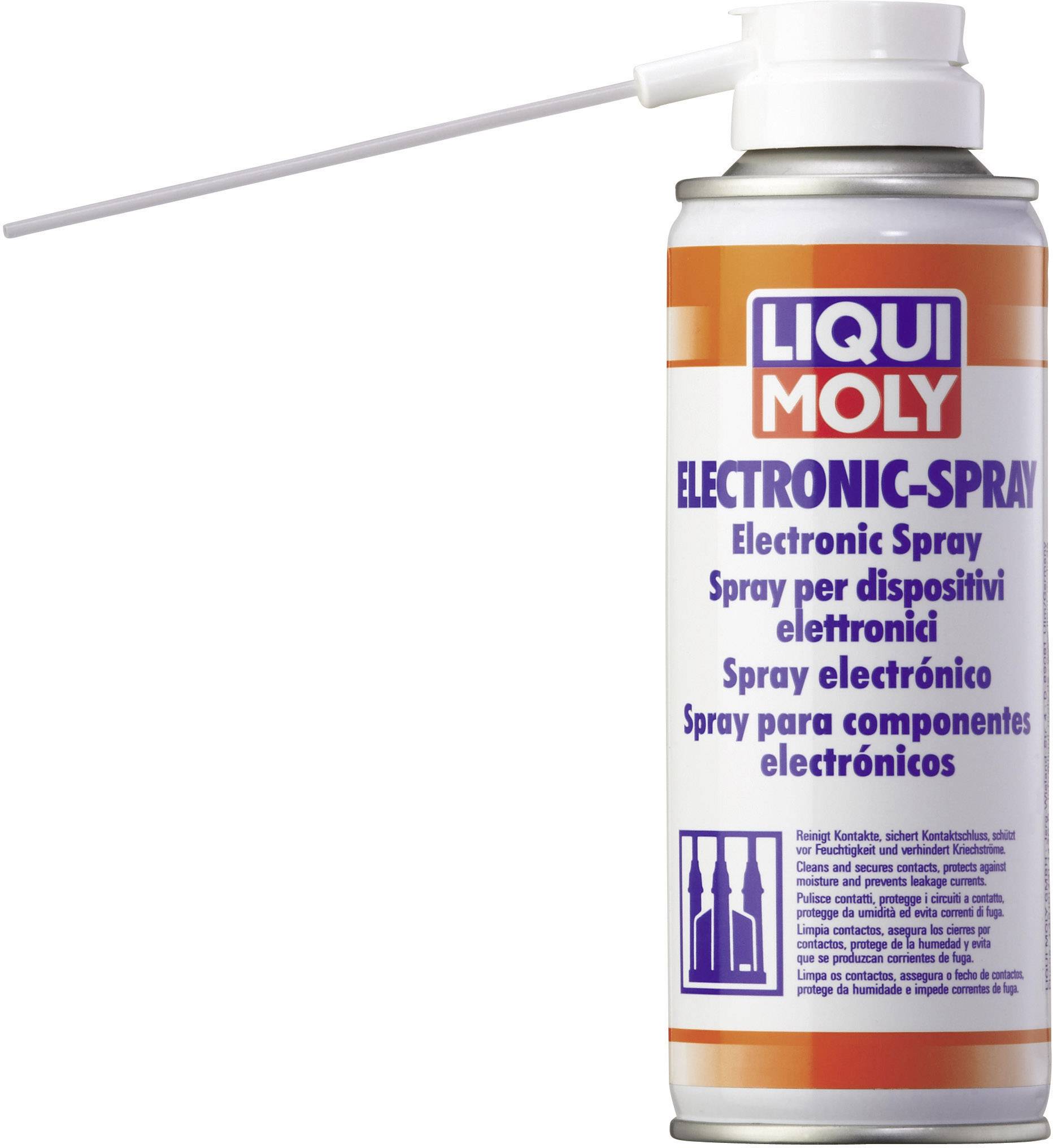 Spray can with the inscription 'Liqui Moly Electronic Spray' in multiple languages, for cleaning and maintaining electronic components.