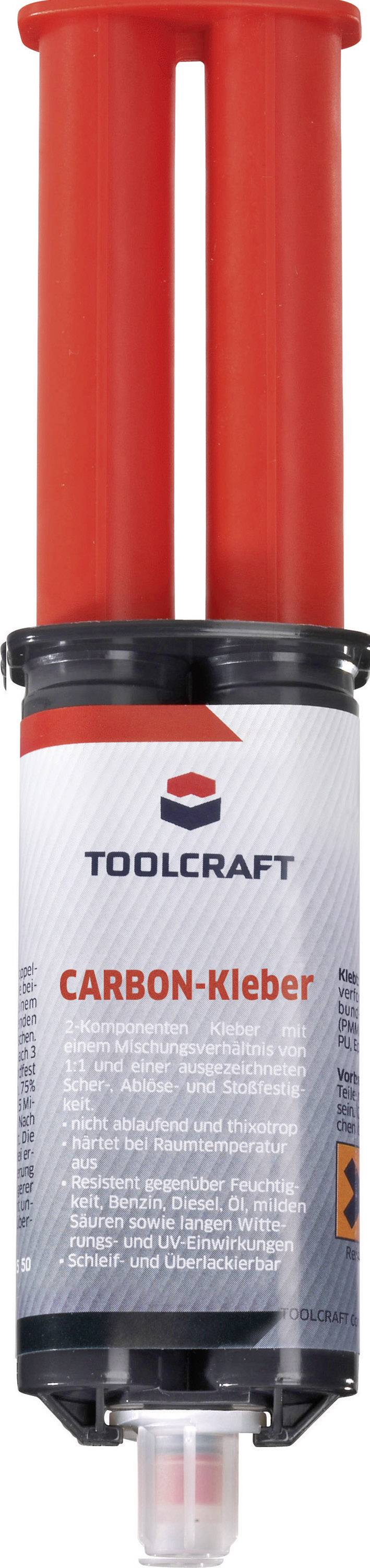 Two-component adhesive in a syringe with a red handle, brand Toolcraft, suitable for carbon connections. Product label with warning notices.