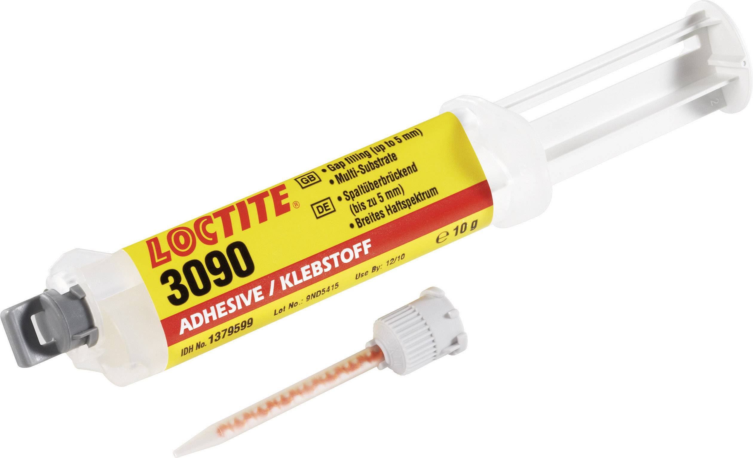 A syringe with 'LOCTITE 3090 Adhesive', yellow-red inscription, removable mixing nozzle, for precise bonding applications.