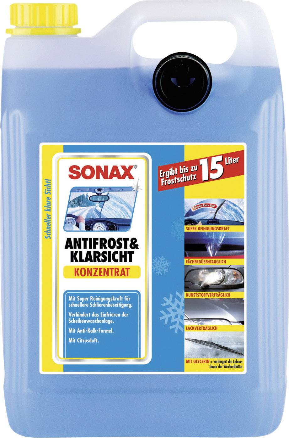 Plastic jerry can with blue Sonax Anti-Freeze & Screen Wash Concentrate. Labelling provides information about frost protection and cleaning properties down to -20 degrees Celsius.