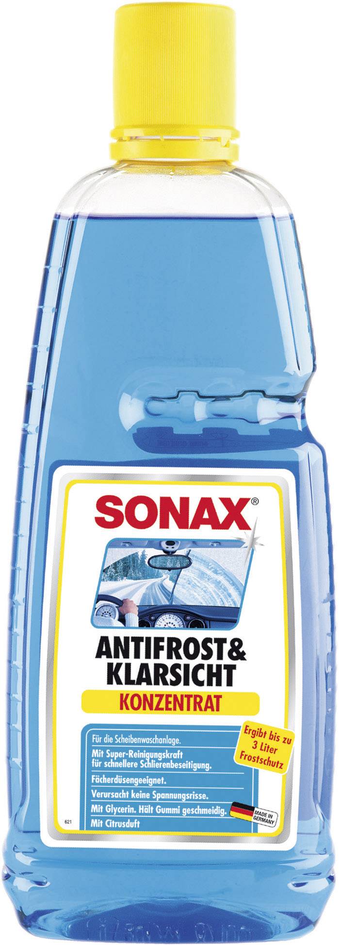 Bottle of blue Sonax Anti-Frost and Clear View Concentrate. For windscreen cleaning and frost protection down to -30°C.