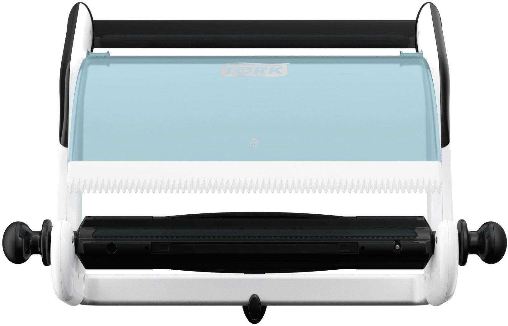 Paper towel dispenser with a blue flap and black turning knob. Ideal for hygienic paper dispensing solutions in public washrooms.