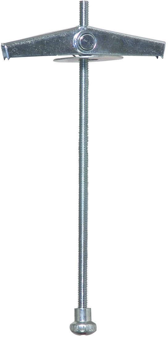 Metal expanding wall anchor with elongated threaded rod, used for securely fixing objects to hollow walls or ceilings.