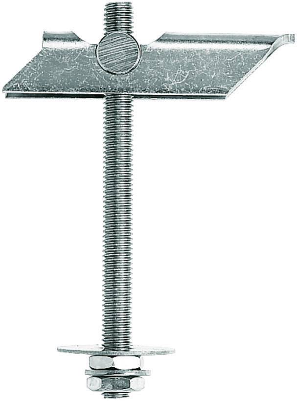 A metal fixing screw with a flat head plate and thread. Suitable for the installation or fastening of materials.