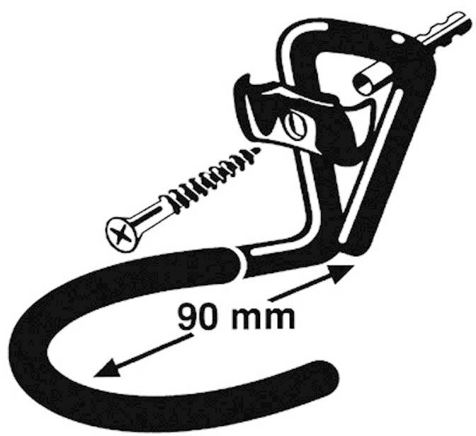 Hook bracket with screw and wall plug, specifies 90 mm spacing. Suitable for securely mounting heavy items on walls.