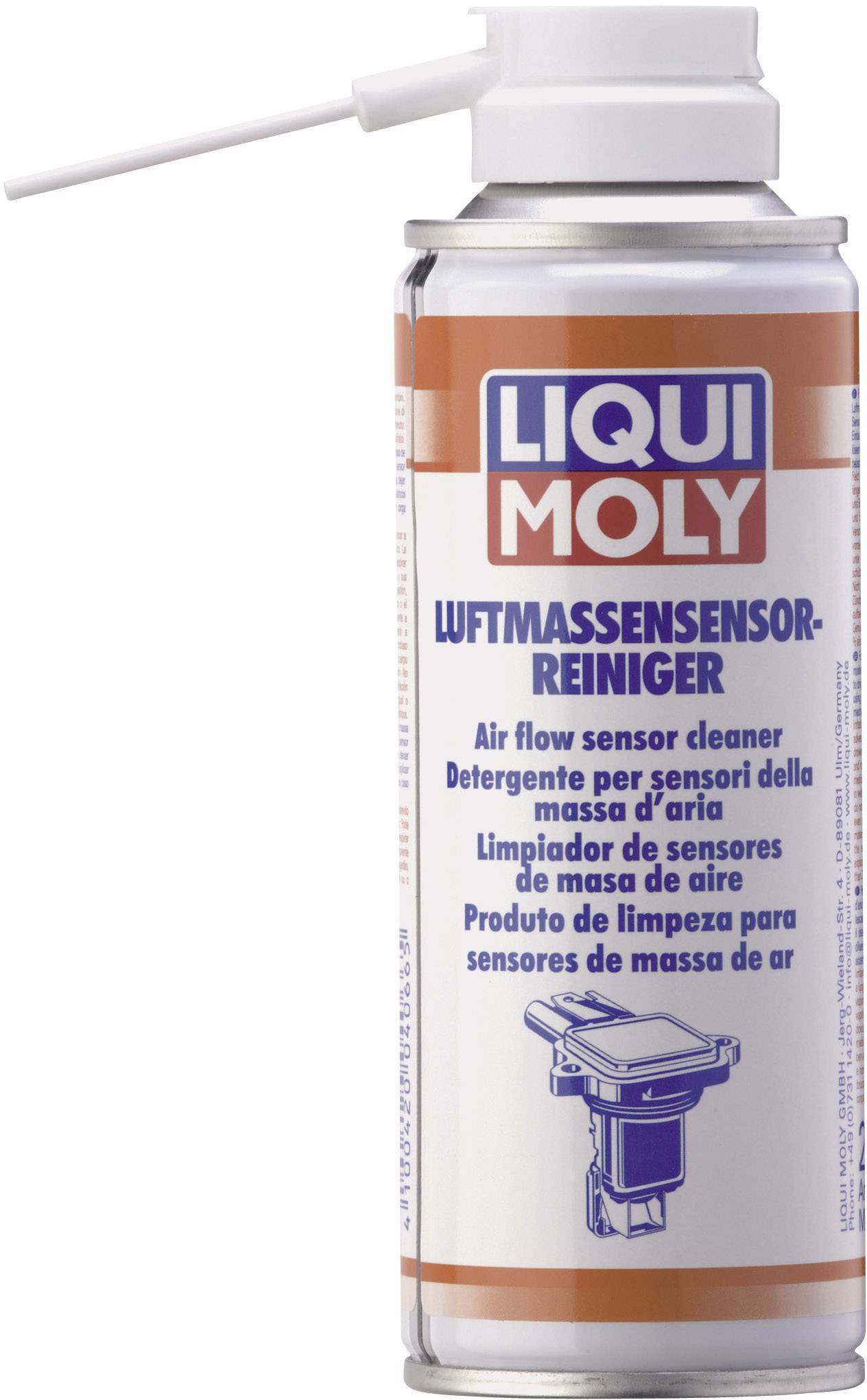 A spray can with the label 'LIQUI MOLY Air Mass Meter Cleaner' for cleaning air flow sensors.