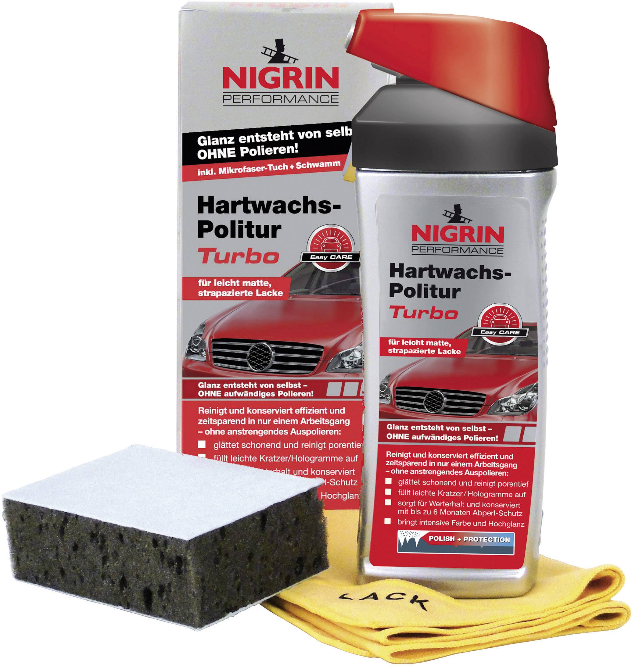 A bottle of Nigrin Hard Wax Polish Turbo with sponge and cloth in front of the packaging. For treating dull, worn paintwork.