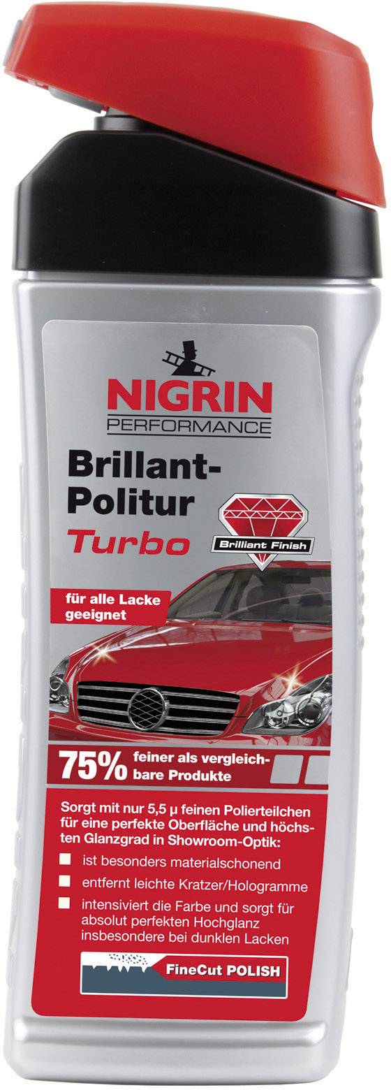 Bottle of car polish with a red cap. Label displays a car and 'Nigrin Performance Brilliant Polish Turbo'. Slogans and logos included.