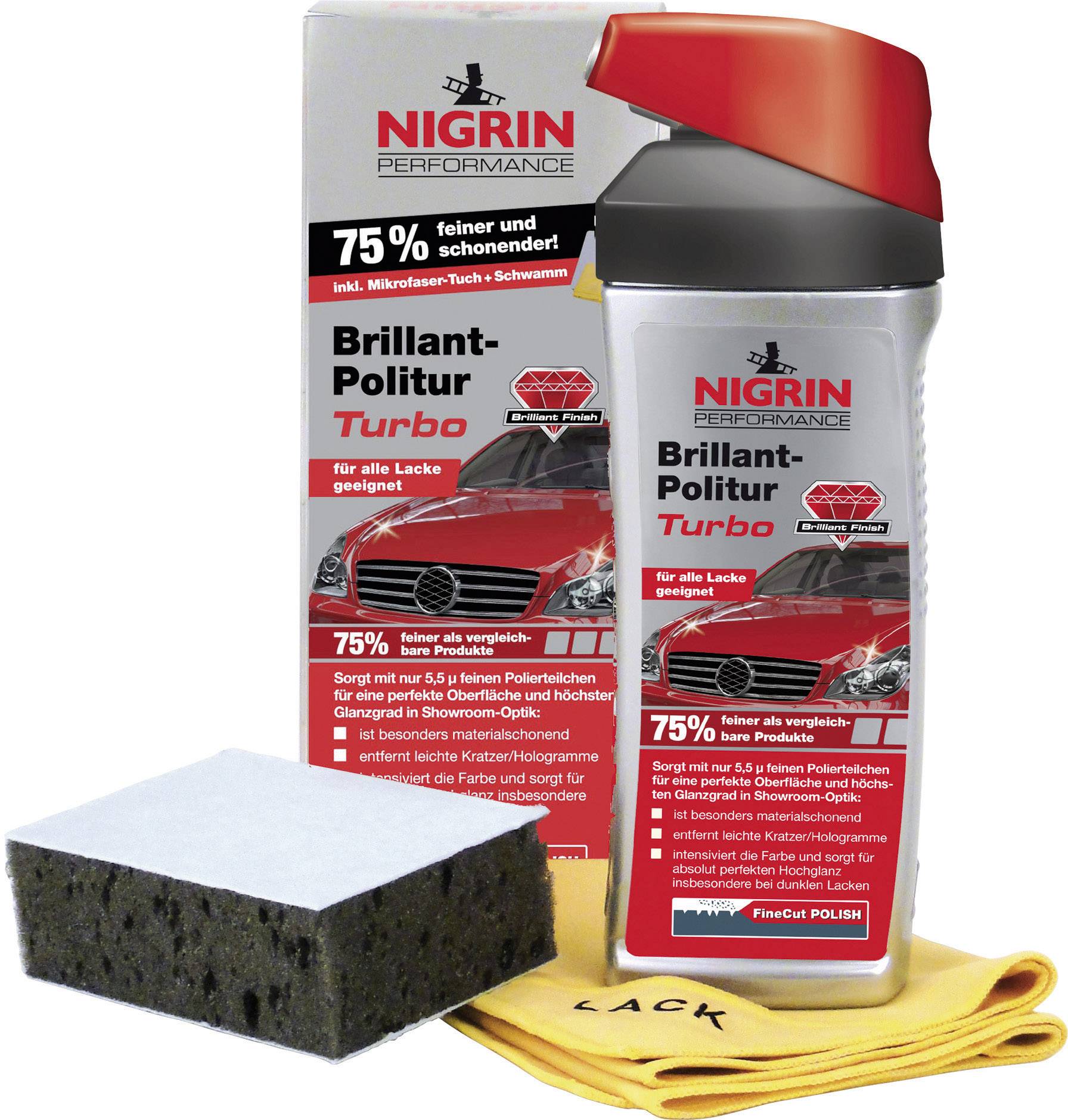 'Nigrin Performance Brilliant Polish Turbo' Car Polish Set with Sponge and Cloth. Suitable for all paint types, provides shine and protection.
