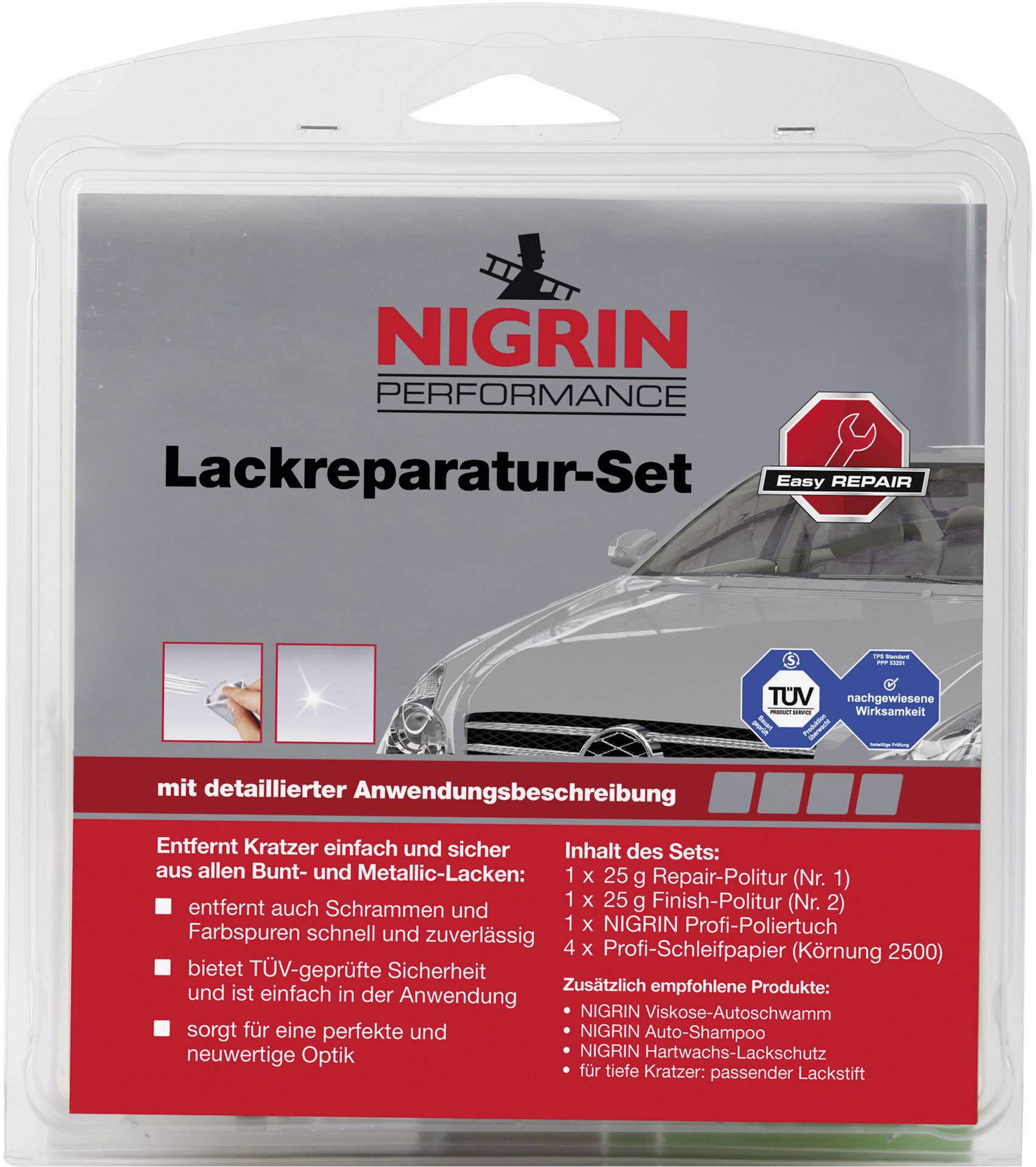 Scratch Repair Kit for Coloured and Metallic Paint Finishes. Includes sandpaper, polish and sealant.