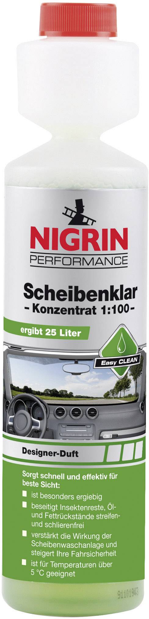 Bottle of Nigrin Screen Cleaner Concentrate 1:100 with 25 litre coverage. Provides clear vision, removes dirt and has a designer fragrance.