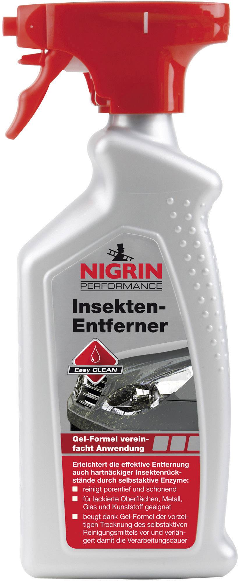 Spray bottle with a red cap, label reads 'Nigrin Performance Insect Remover'. Underneath is a motorcycle image and application instructions.